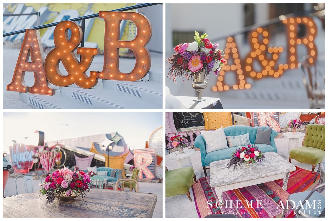 Marquee A&B letters and vintage lounge styling among the signs of the Neon Museum boneyard at Adrienne and Billie Joe Armstrong's Las Vegas vow renewal
